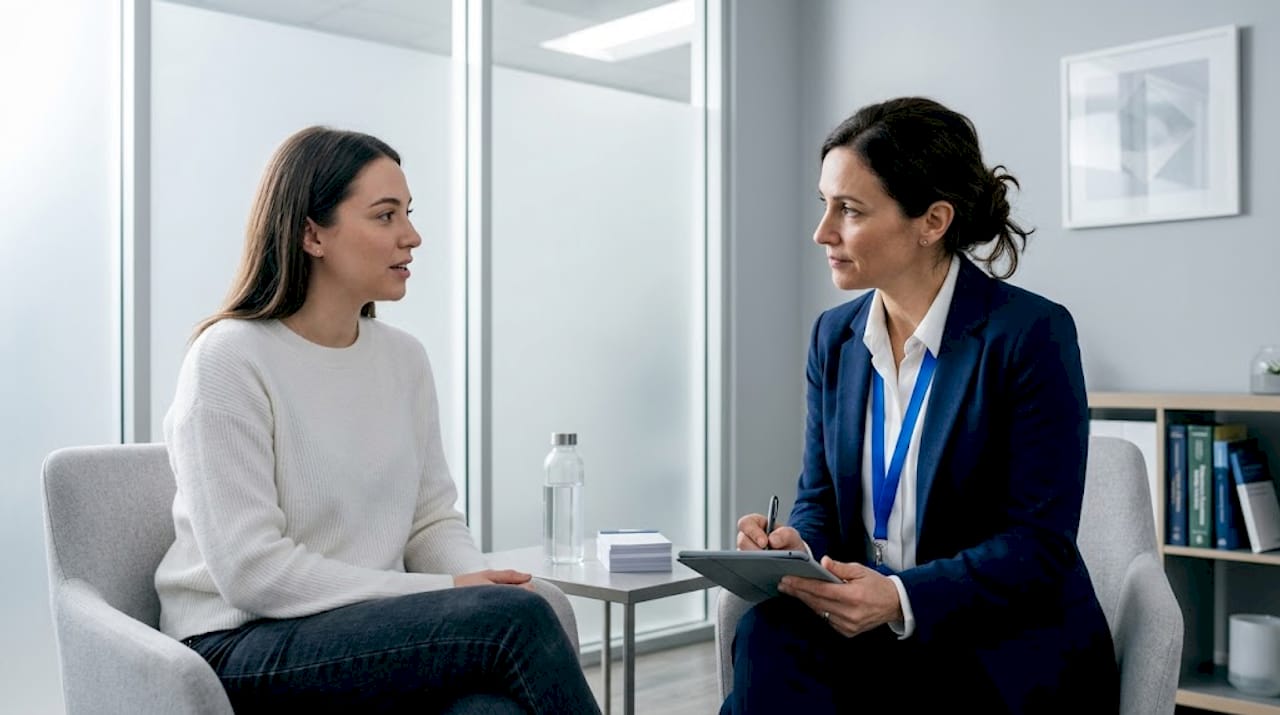 Patient talking with psychiatrist in clinic room