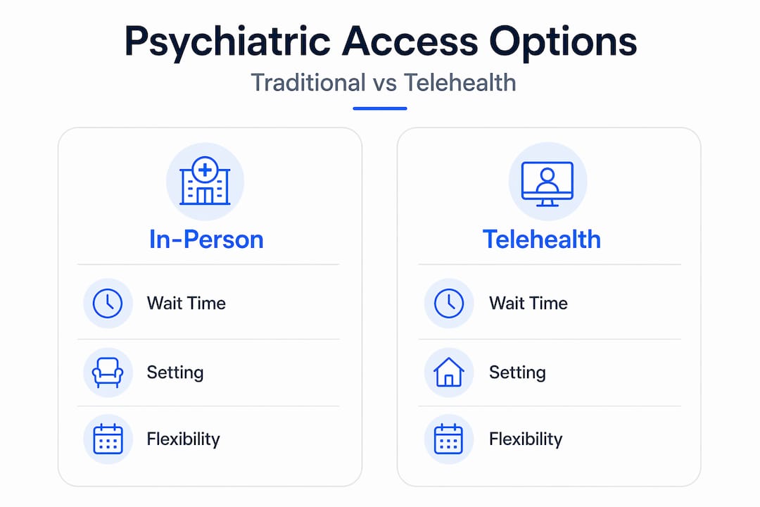 Infographic comparing in-person and telehealth psychiatry