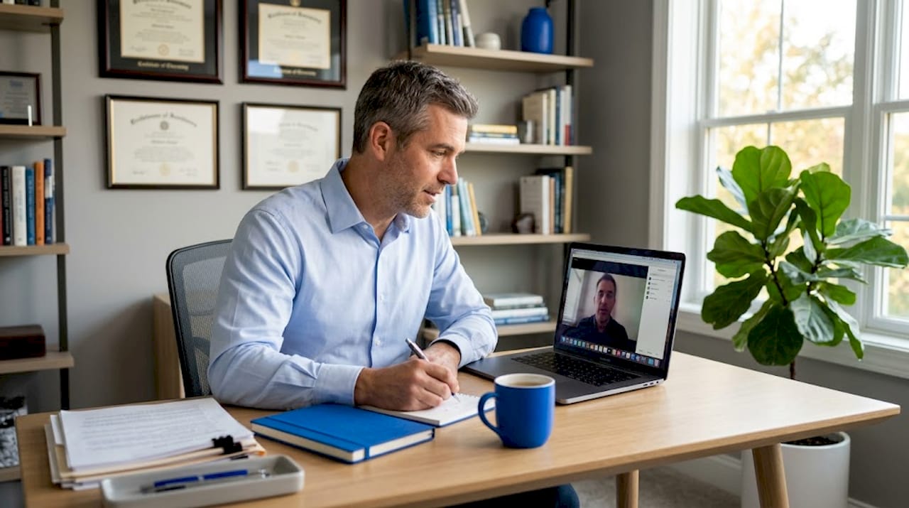 Therapist on video call in home office