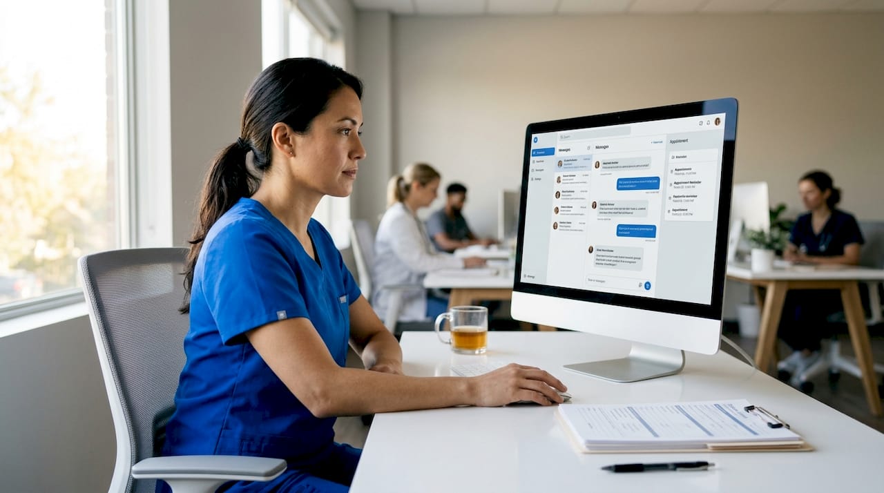 Clinician reviewing patient messages in clinic office