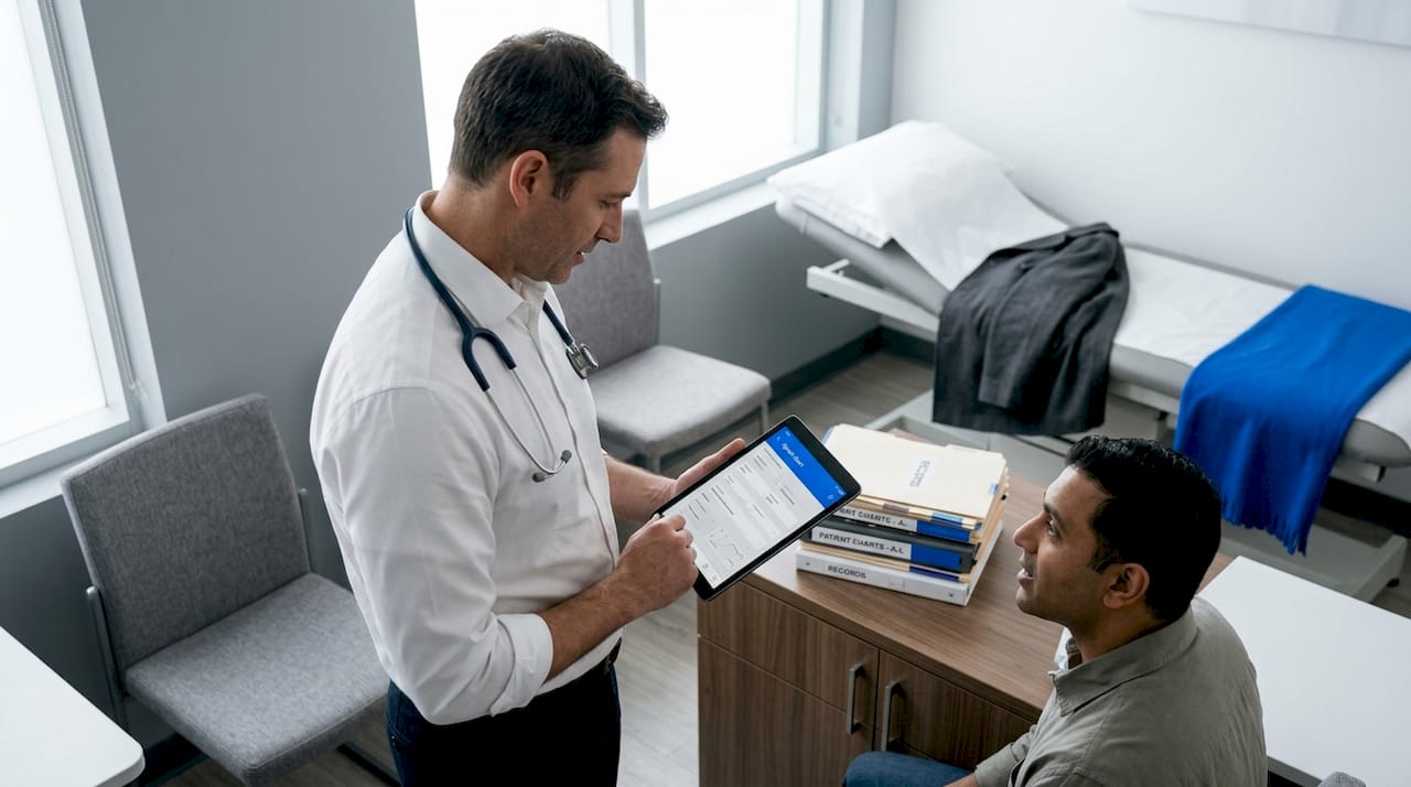 Doctor and patient consultation in exam room