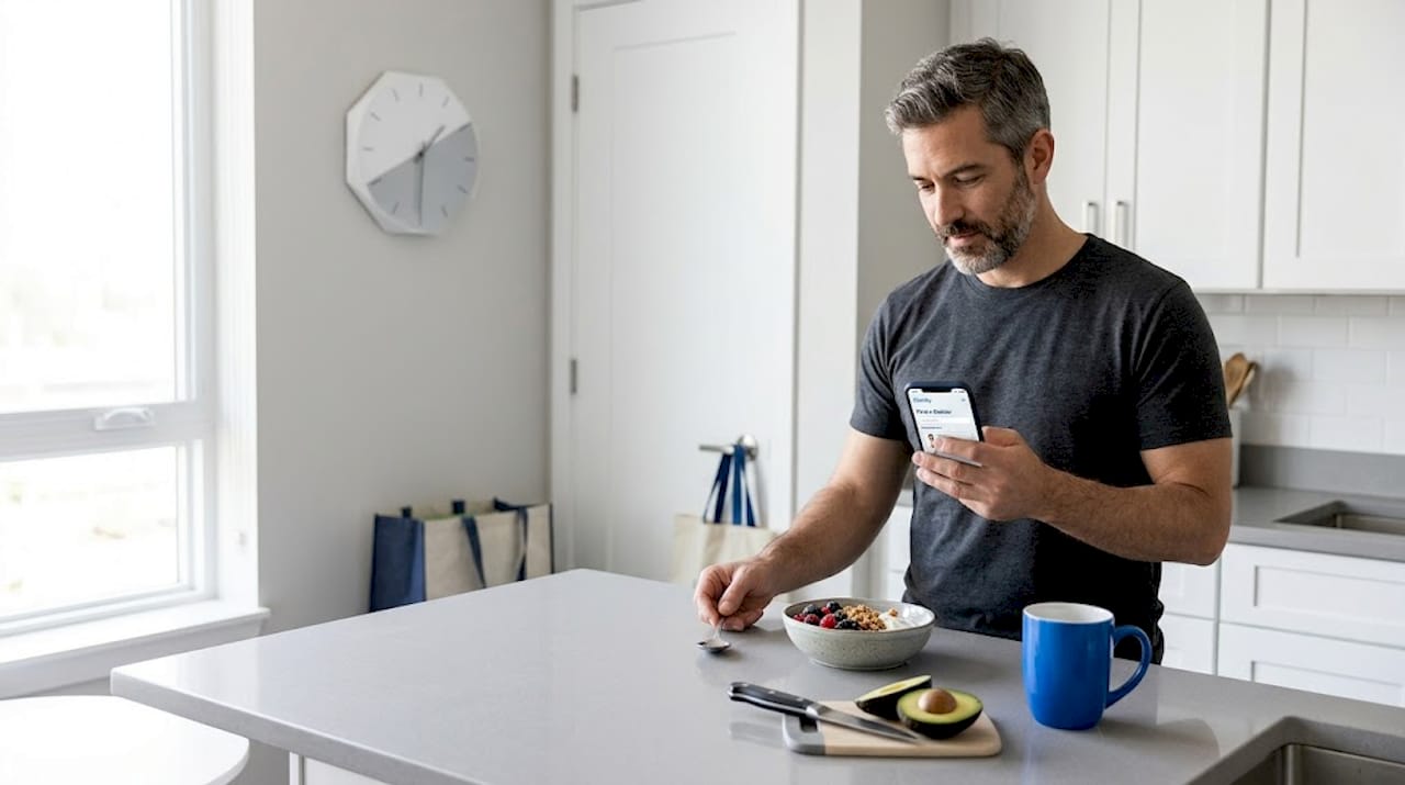 Man multitasking telehealth app in kitchen