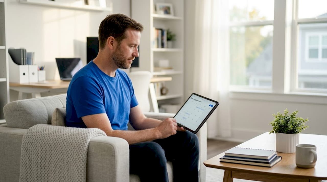 Man reviewing notes during online therapy