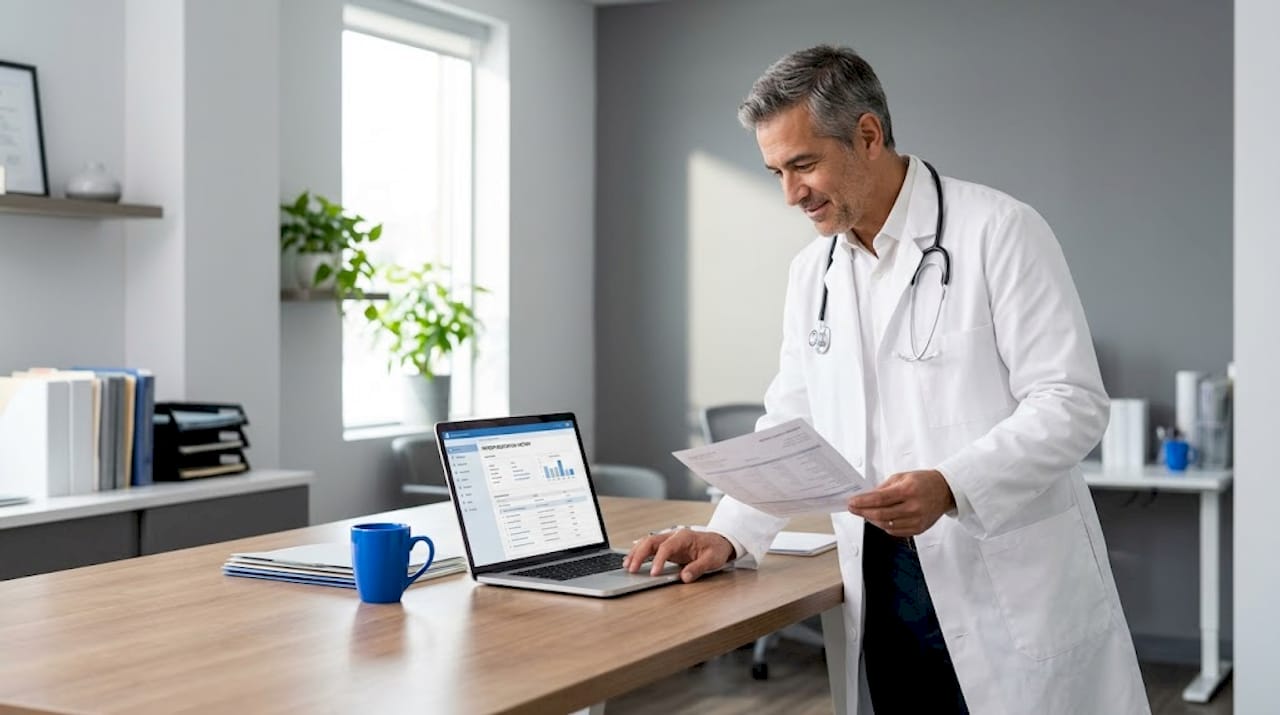 Doctor reviewing medication in medical office