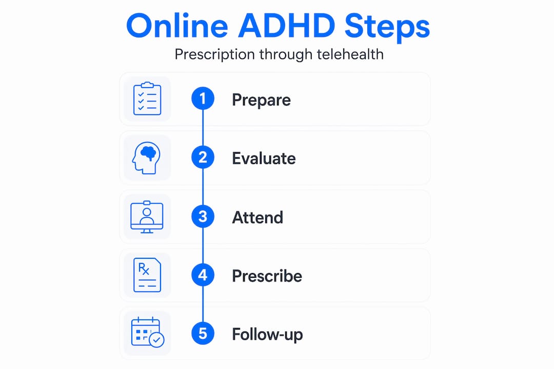 Infographic showing ADHD prescription steps online
