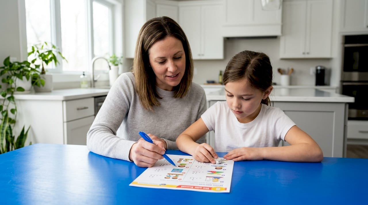 Parent helping child with homework at home