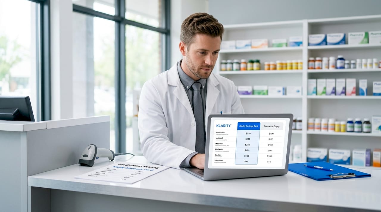 Pharmacist checking medication prices on computer