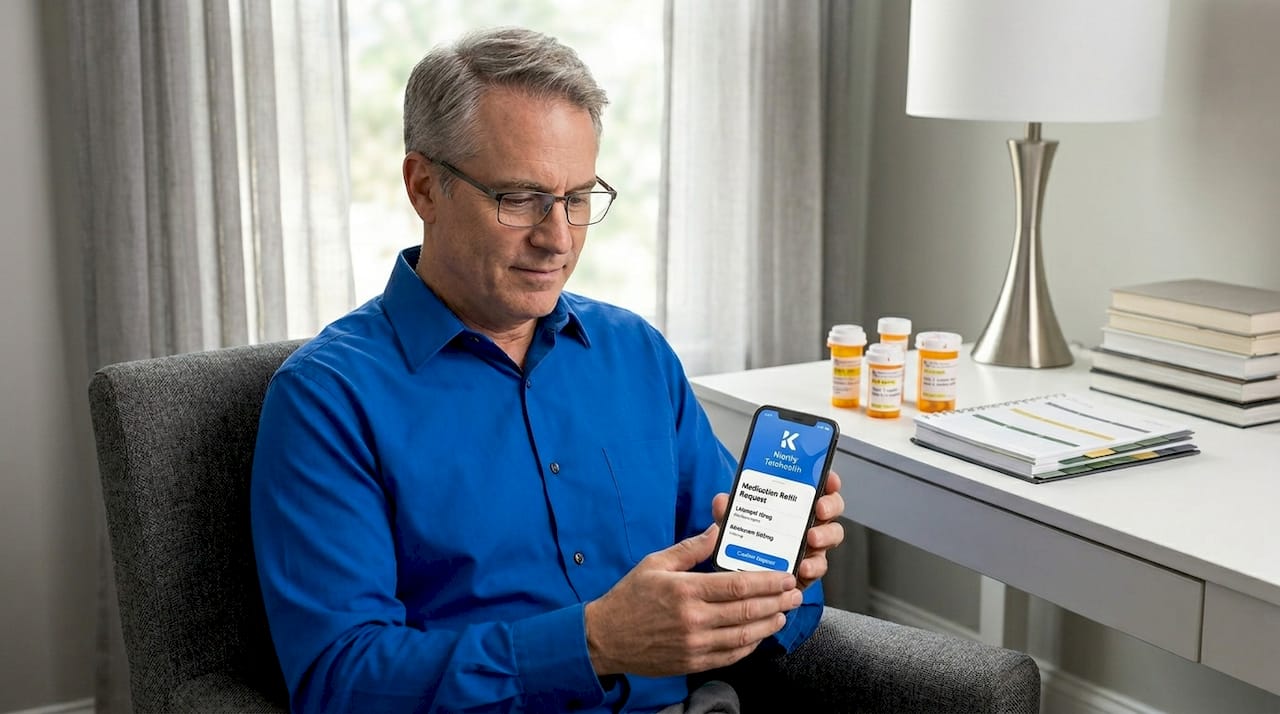 Patient using telehealth app for medication refill