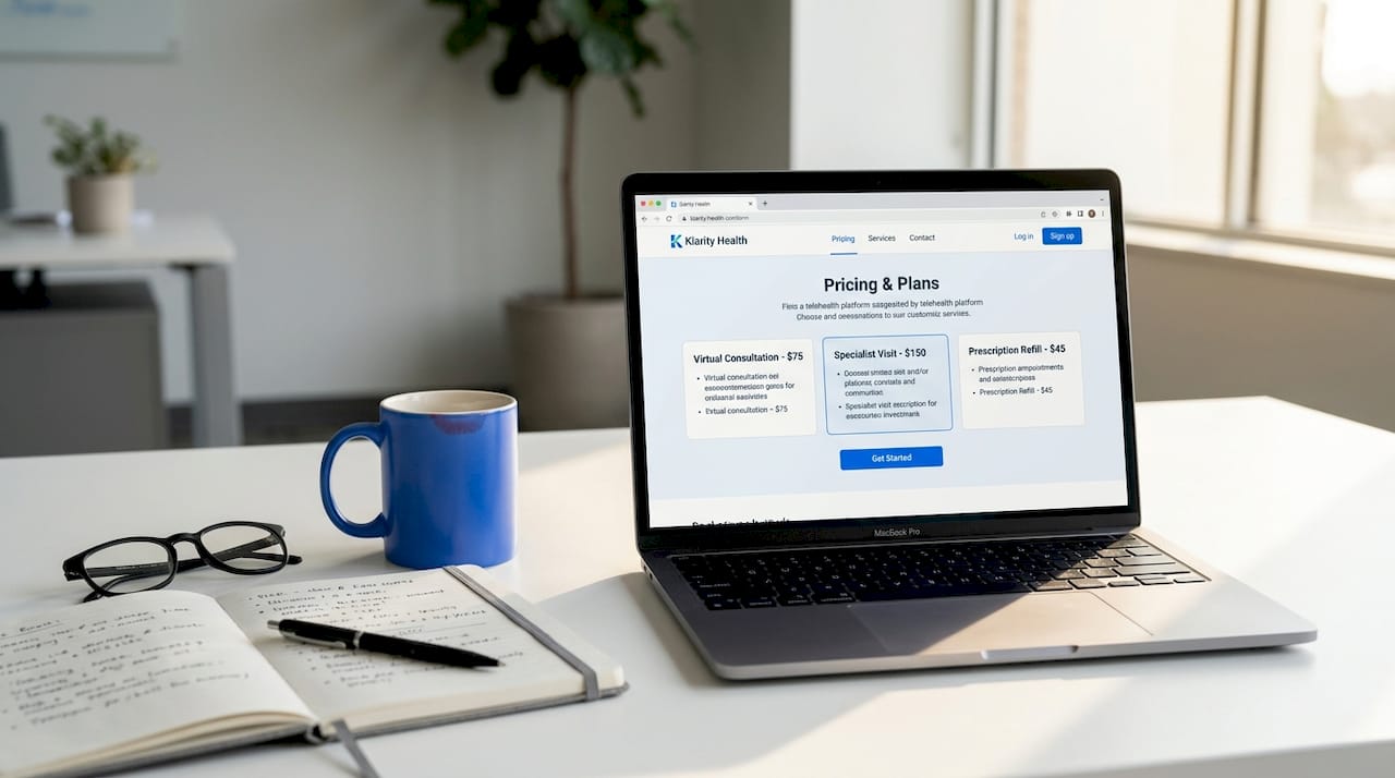 Laptop showing telehealth service pricing and options
