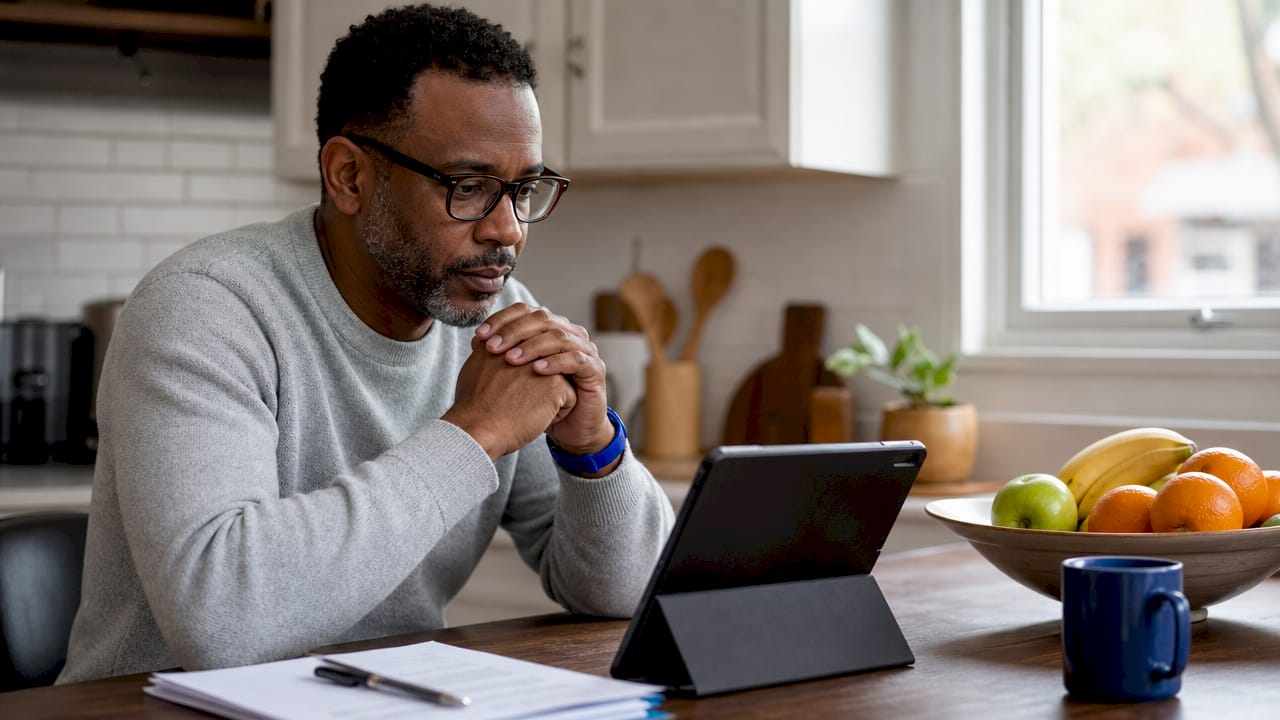 Man testing audio and video for telehealth visit