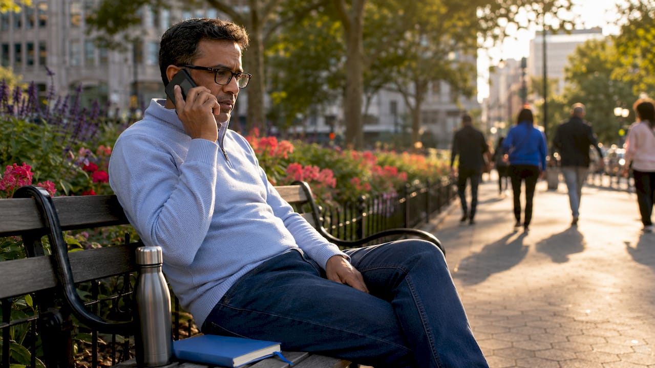 Man making urgent mental health support call outdoors