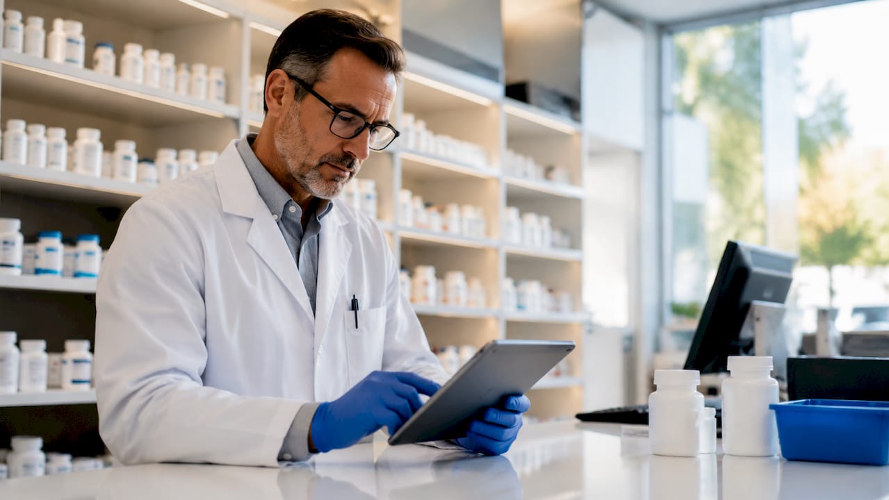 Pharmacist checking prescription refill on computer