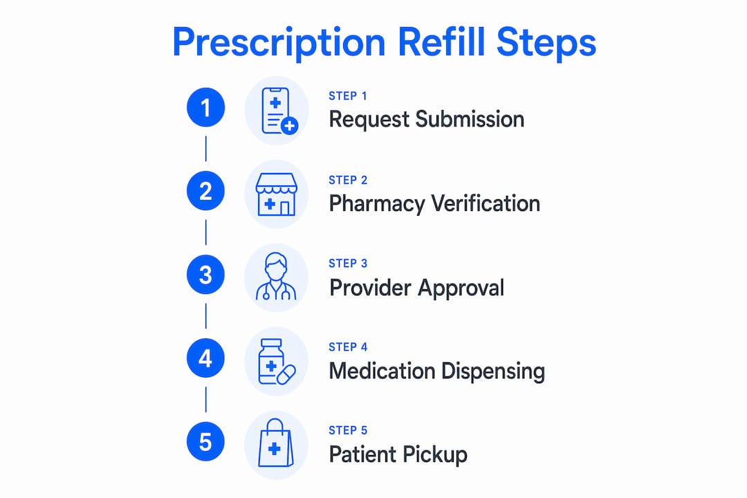 Infographic illustrating online prescription refill process steps