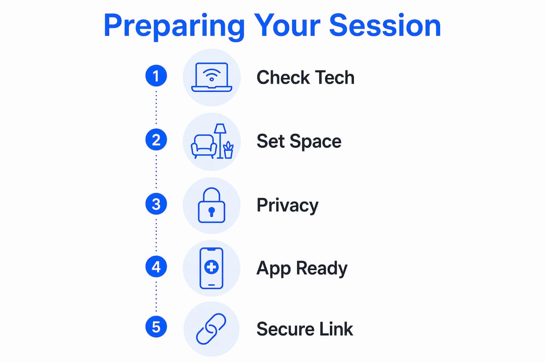 Infographic showing steps to prepare for telehealth session