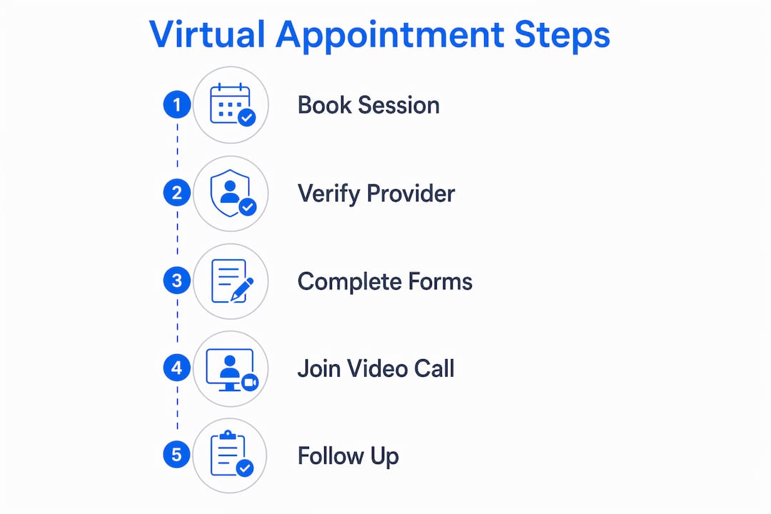 Infographic showing virtual mental health appointment steps