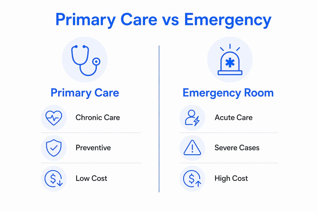 Infographic contrasting primary care and emergency room roles and costs