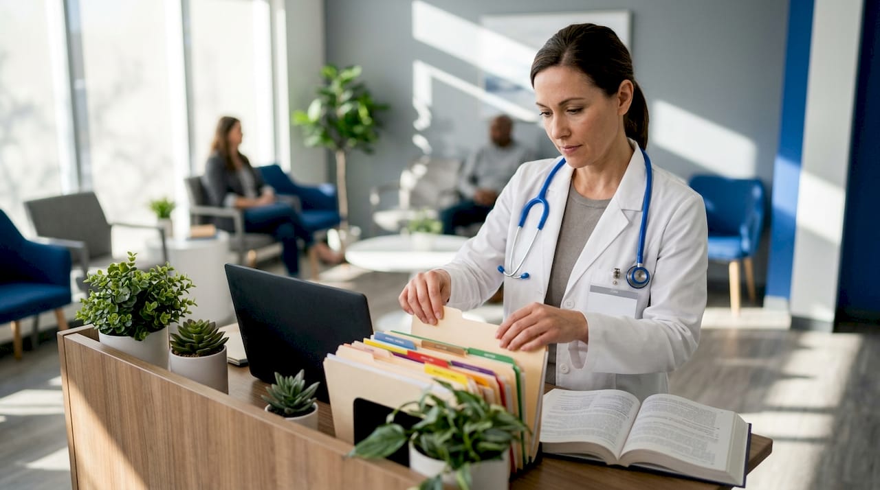 Physician managing patient panel files in clinic