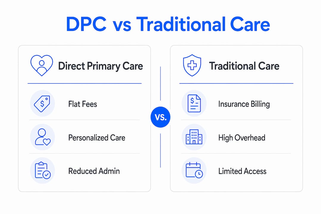 Infographic comparing direct primary care and traditional care benefits and costs