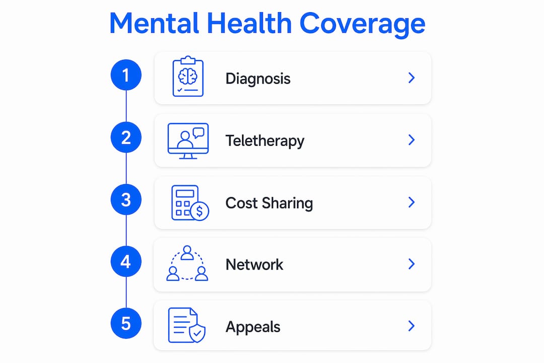 Infographic detailing mental health insurance coverage steps