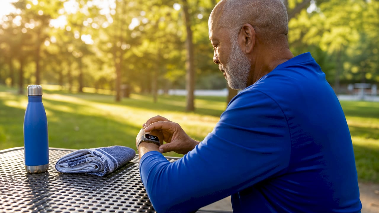Close-up of man checking smartwatch health data outdoors
