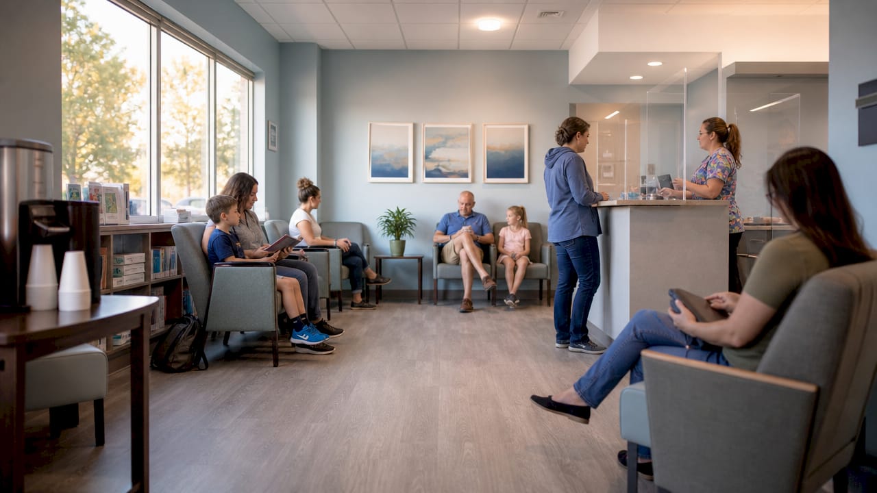 Patients waiting in urgent care clinic lobby