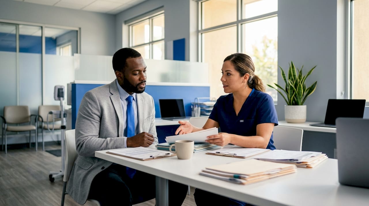 Psychiatrist and nurse practitioner collaborating in office