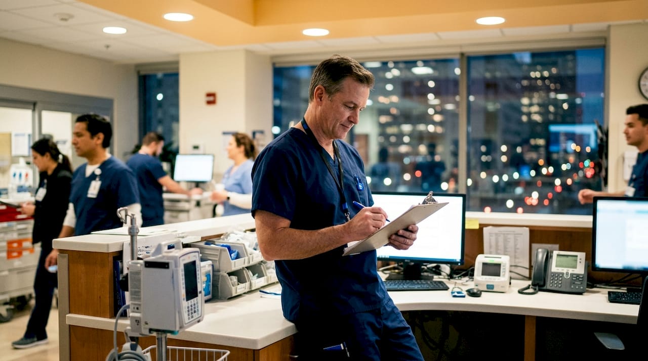 ER nurse reviewing chart during night shift