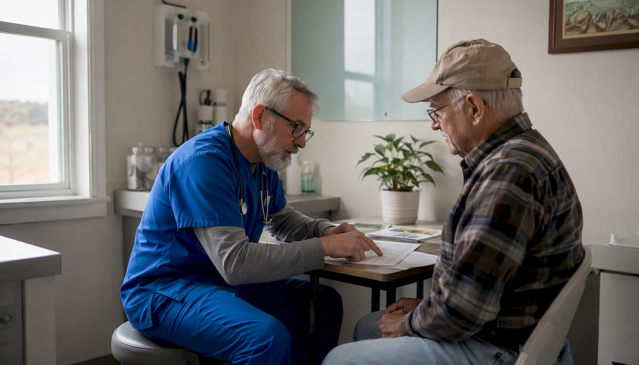 Nurse practitioner assisting elderly patient in rural clinic
