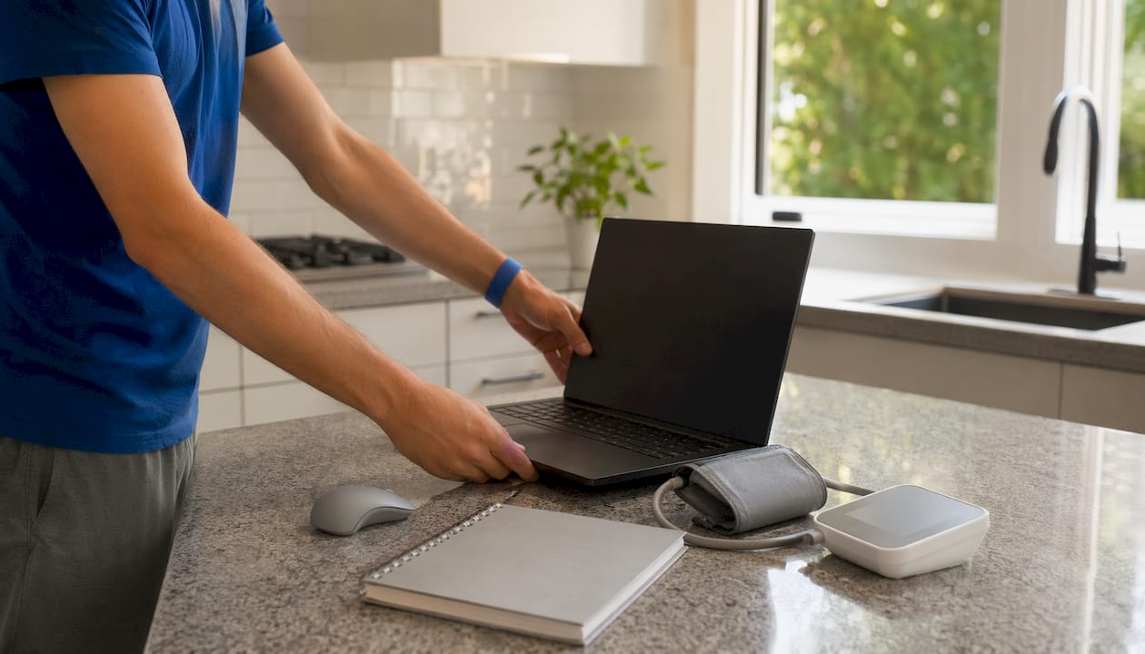 Hands adjusting laptop camera for telehealth