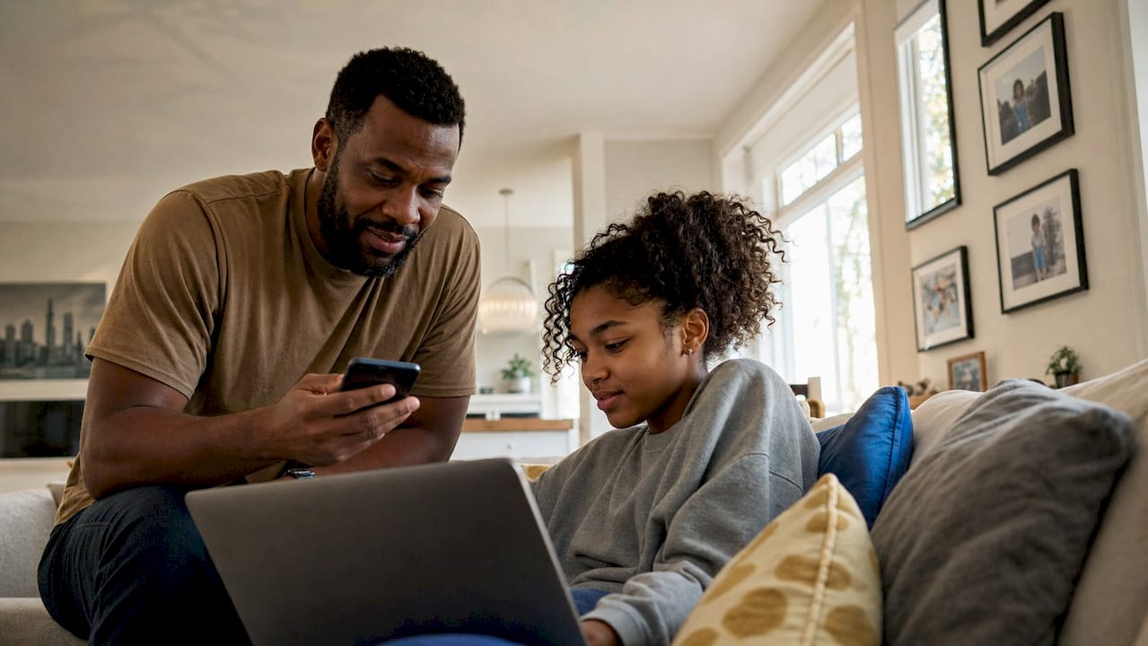 Father assisting daughter with telehealth setup