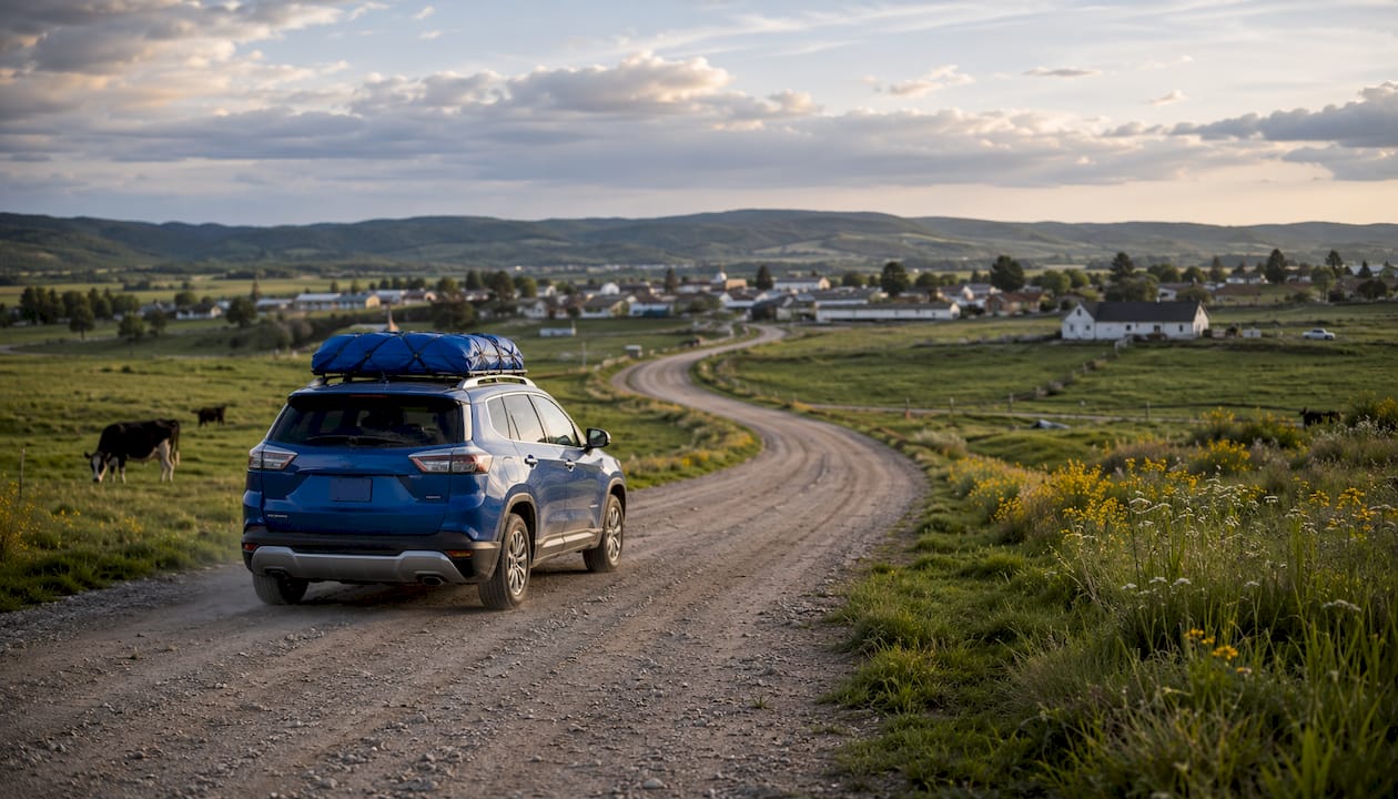 Rural road with car traveling to distant town