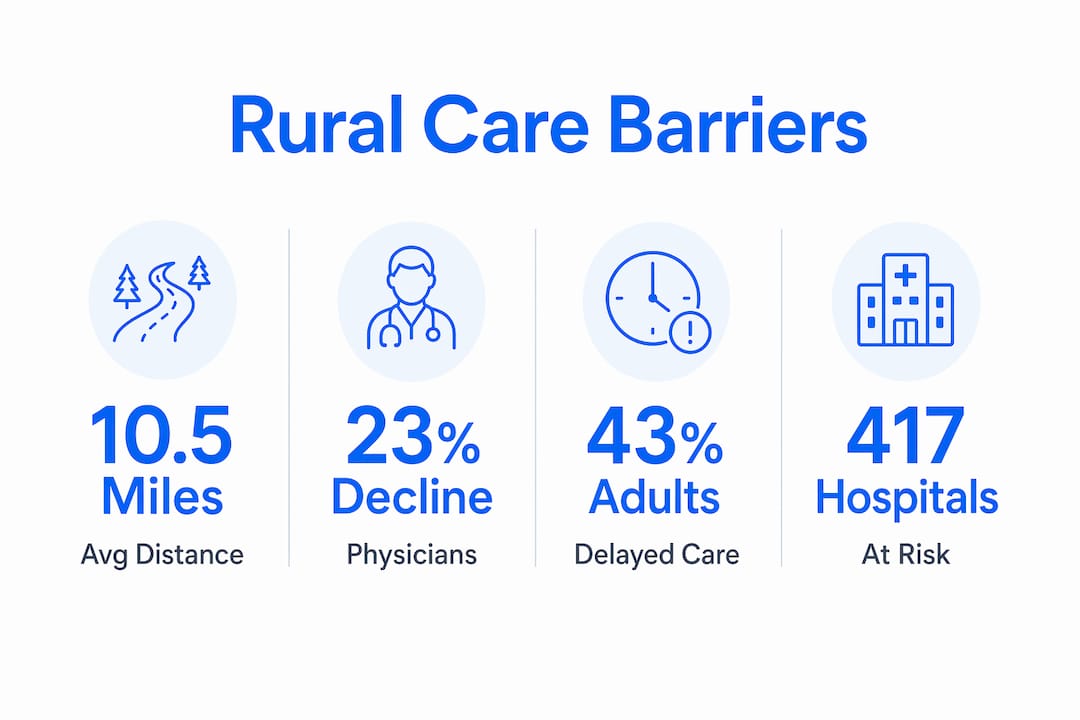 Infographic showing key statistics on rural primary care barriers