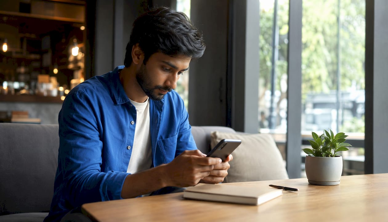 Man checking fast prescription telepsychiatry app