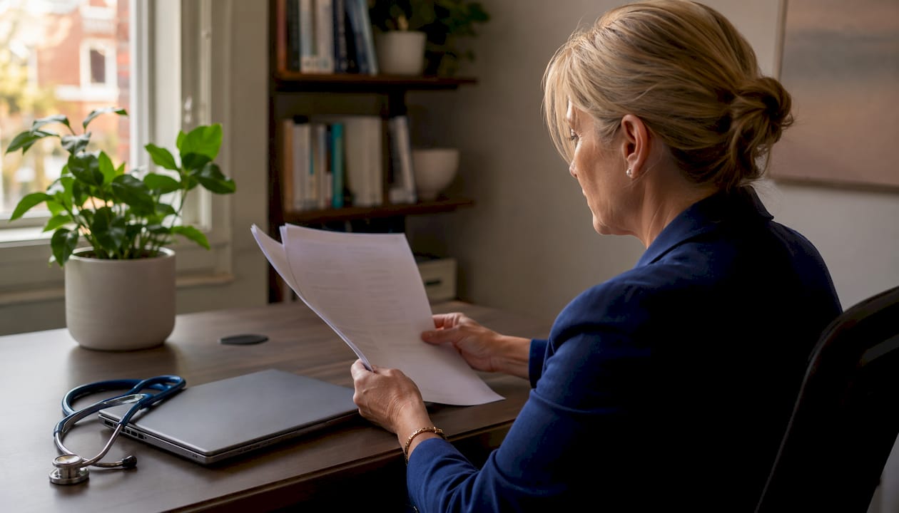 Psychiatrist reviewing patient notes in home office