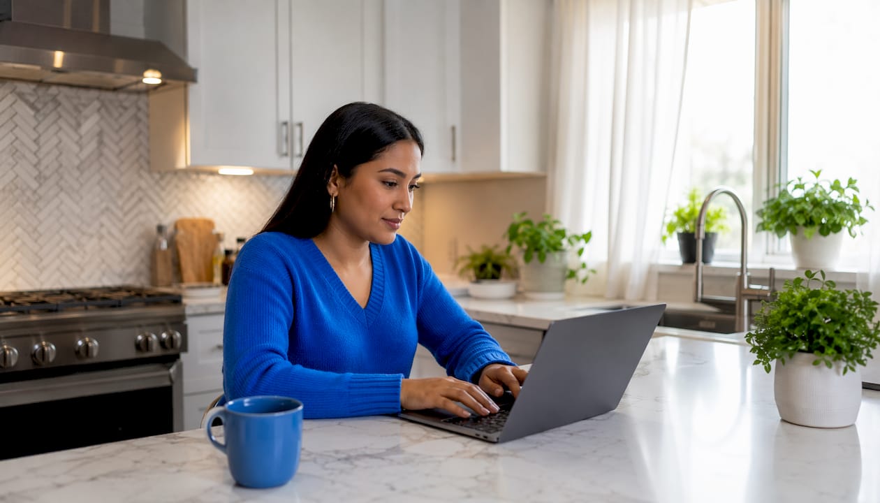 Woman entering lab order details via telehealth laptop