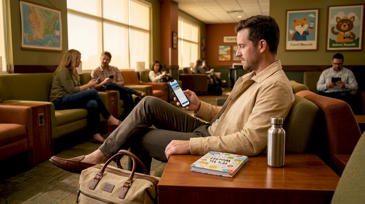 Traveler using airport lounge during shoulder season