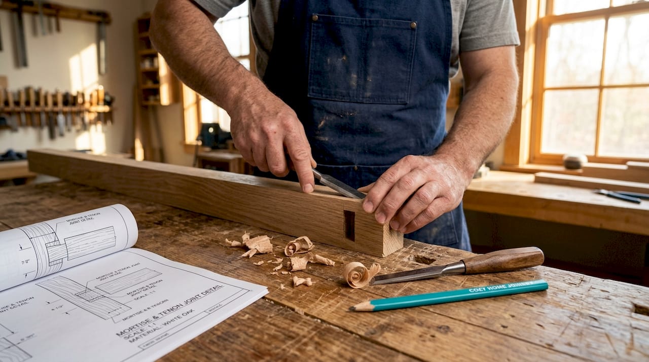 Hands fitting tenon into mortise on oak wood