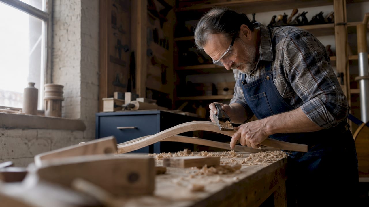 Woodworker hand-planing bespoke furniture detail
