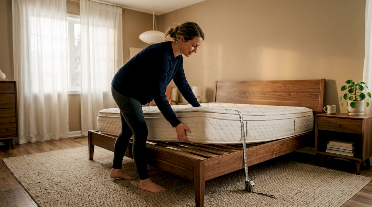 Close-up of king bed assembly in bedroom