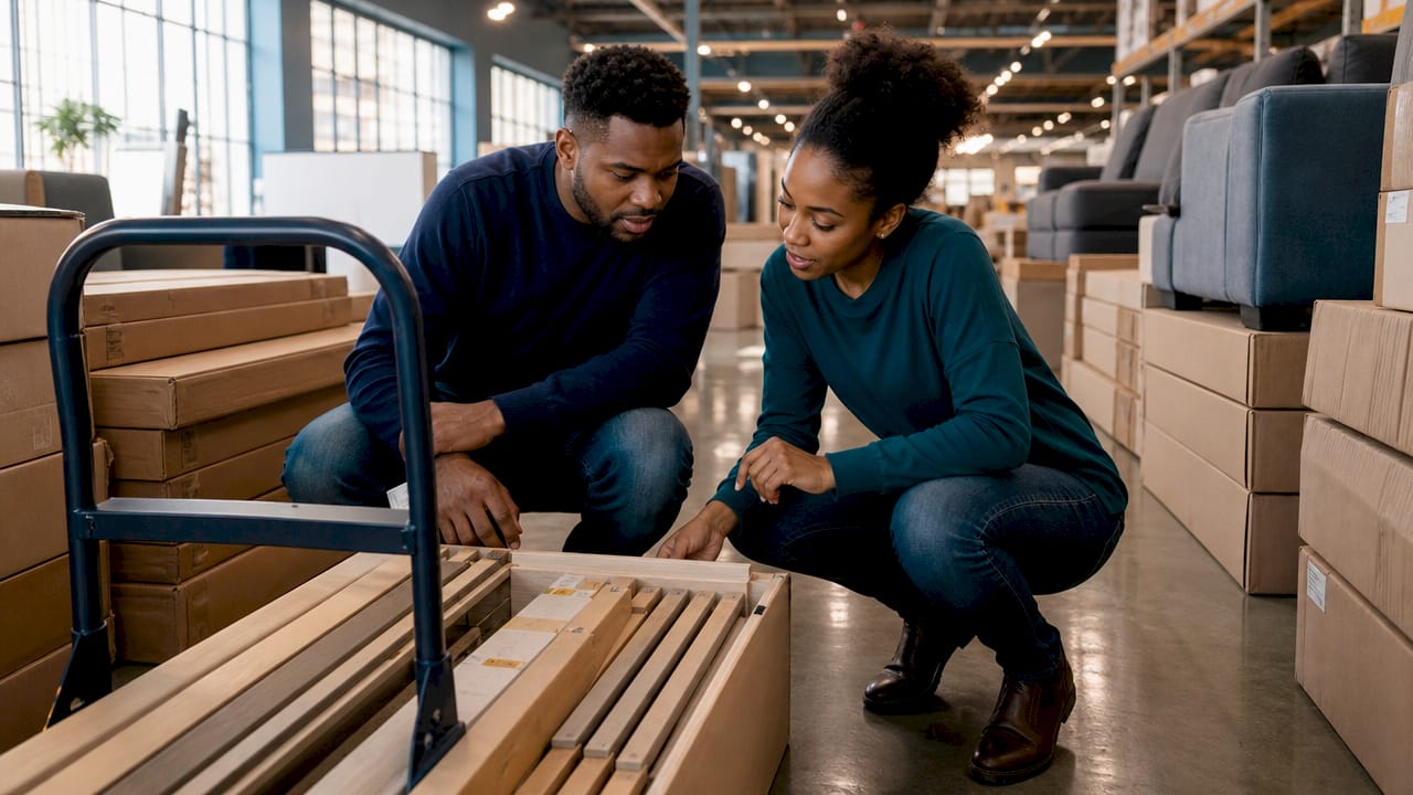 Couple inspecting furniture in warehouse store