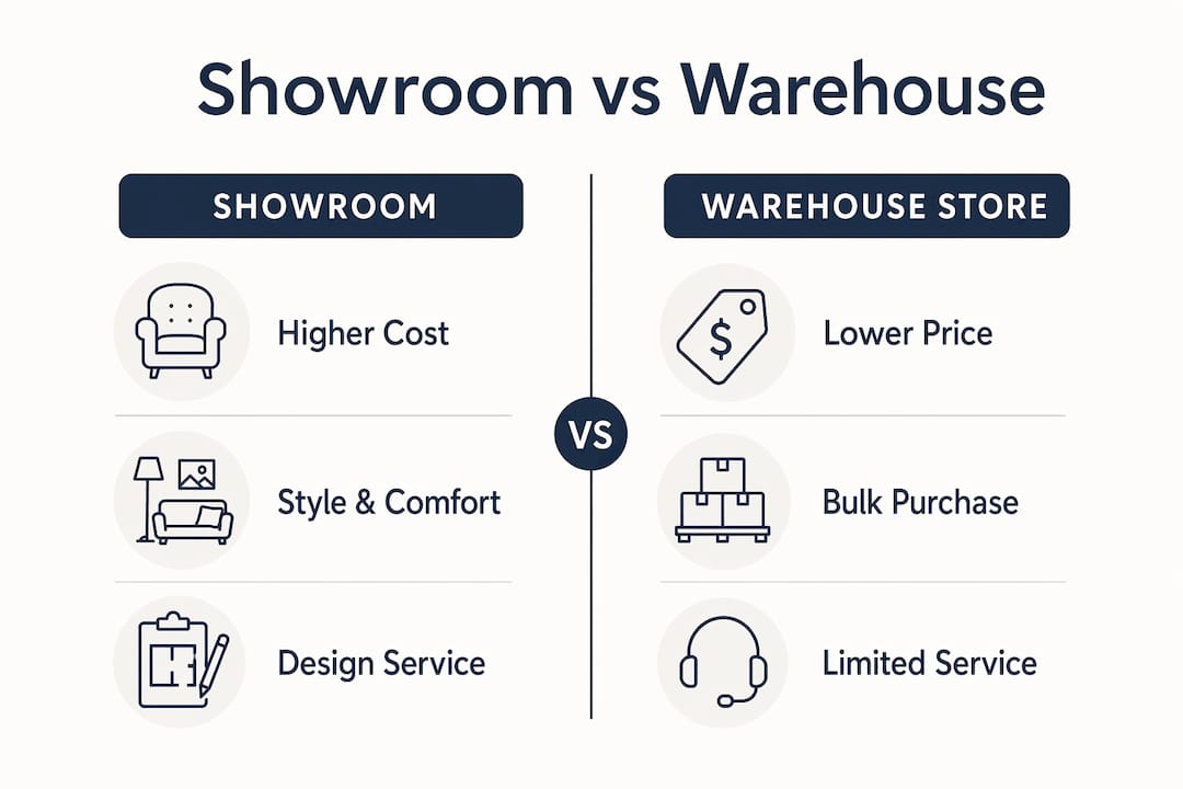 Infographic comparing showroom and warehouse furniture stores
