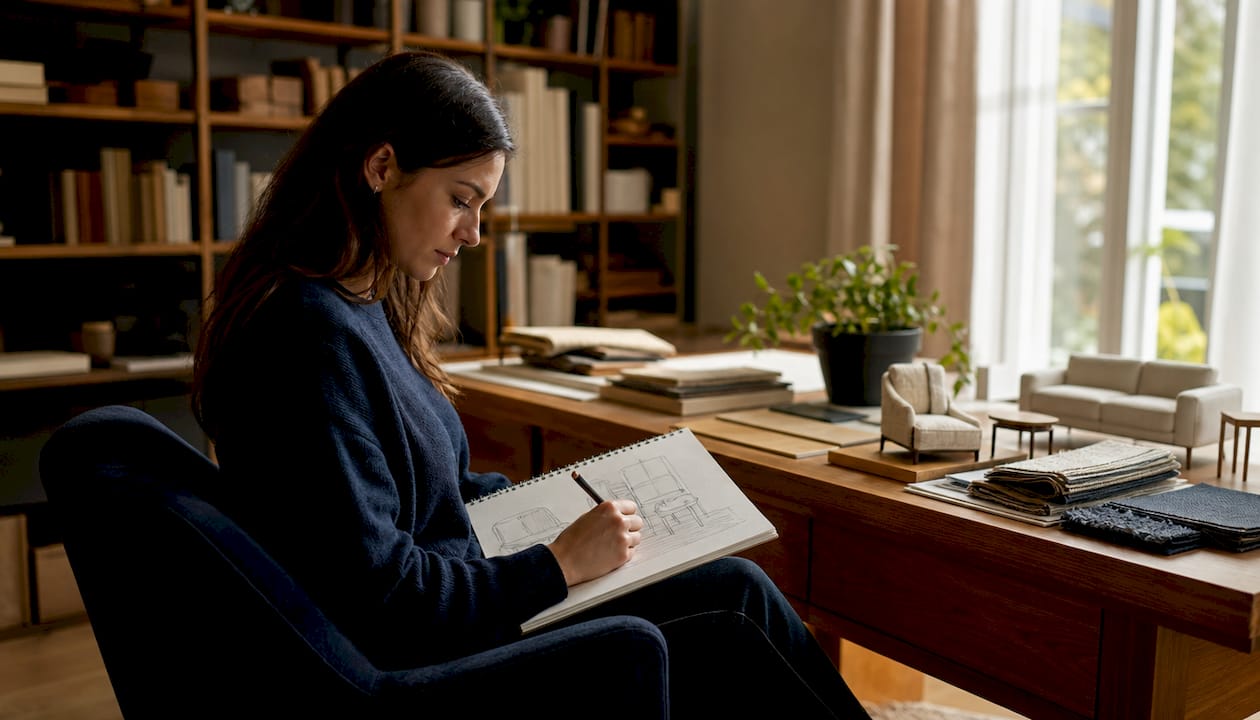 Woman sketching furniture designs in showroom