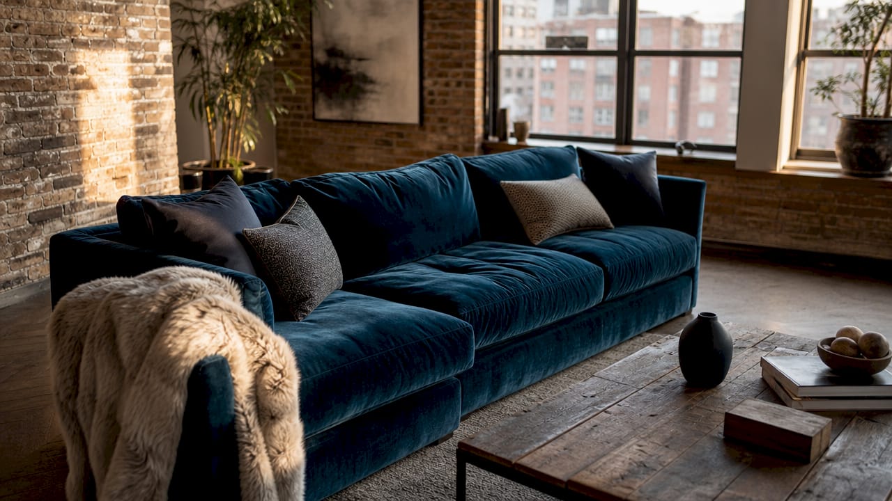 Close-up of velvet sofa anchoring room style