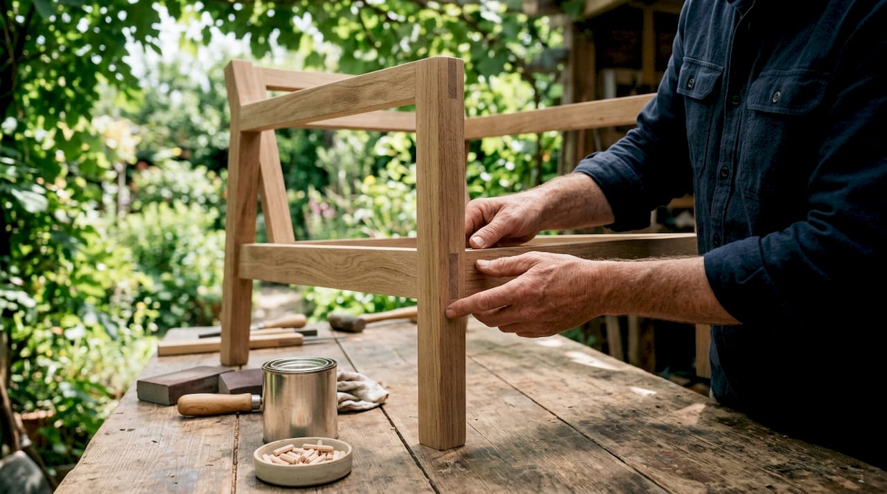 Hands inspecting hardwood furniture frame