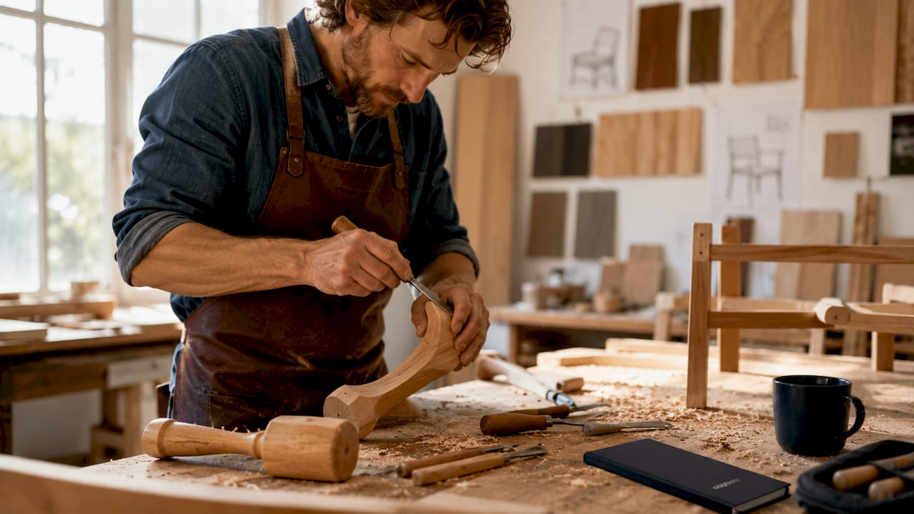 Artisan crafting custom walnut dining chair