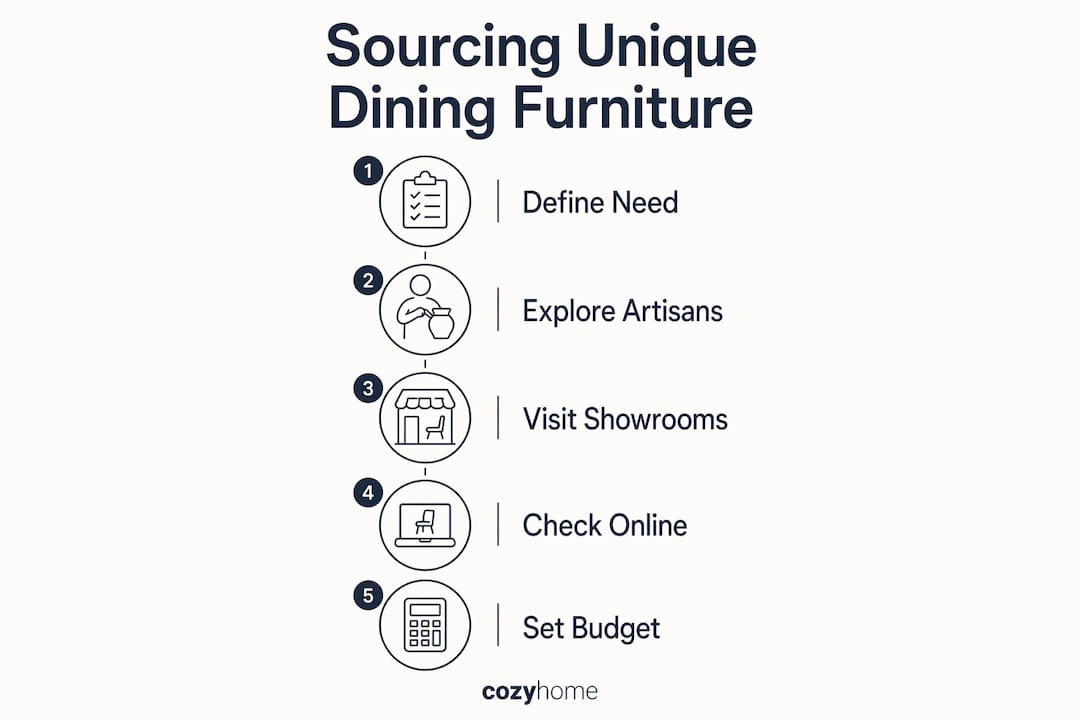 Infographic illustrating steps to source unique dining furniture