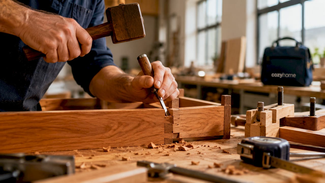 Woodworker crafting dovetail joints close-up