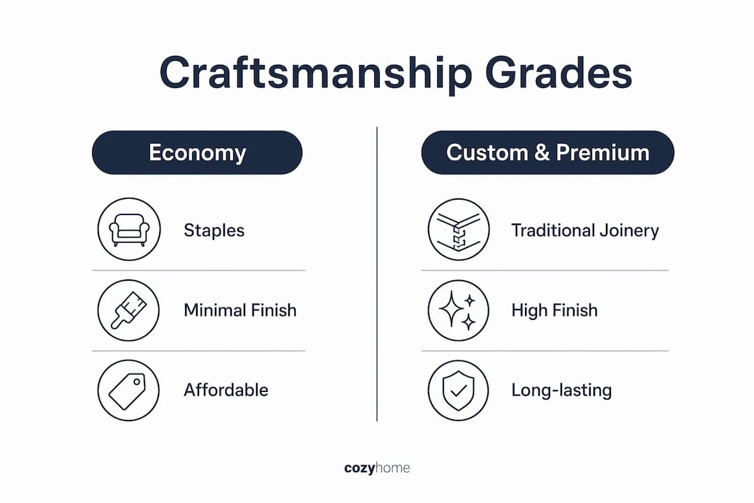 Infographic comparing Economy and Custom/Premium furniture craftsmanship grades