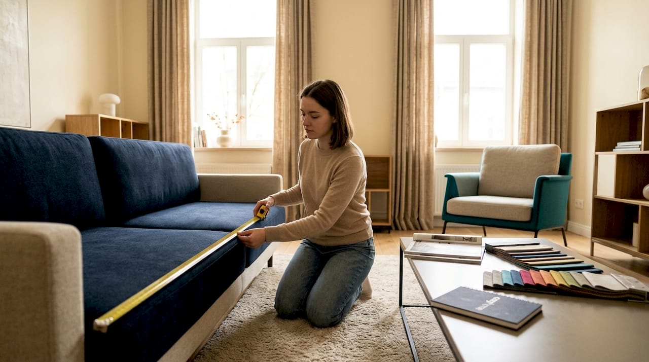 Hands measuring sofa dimensions indoors