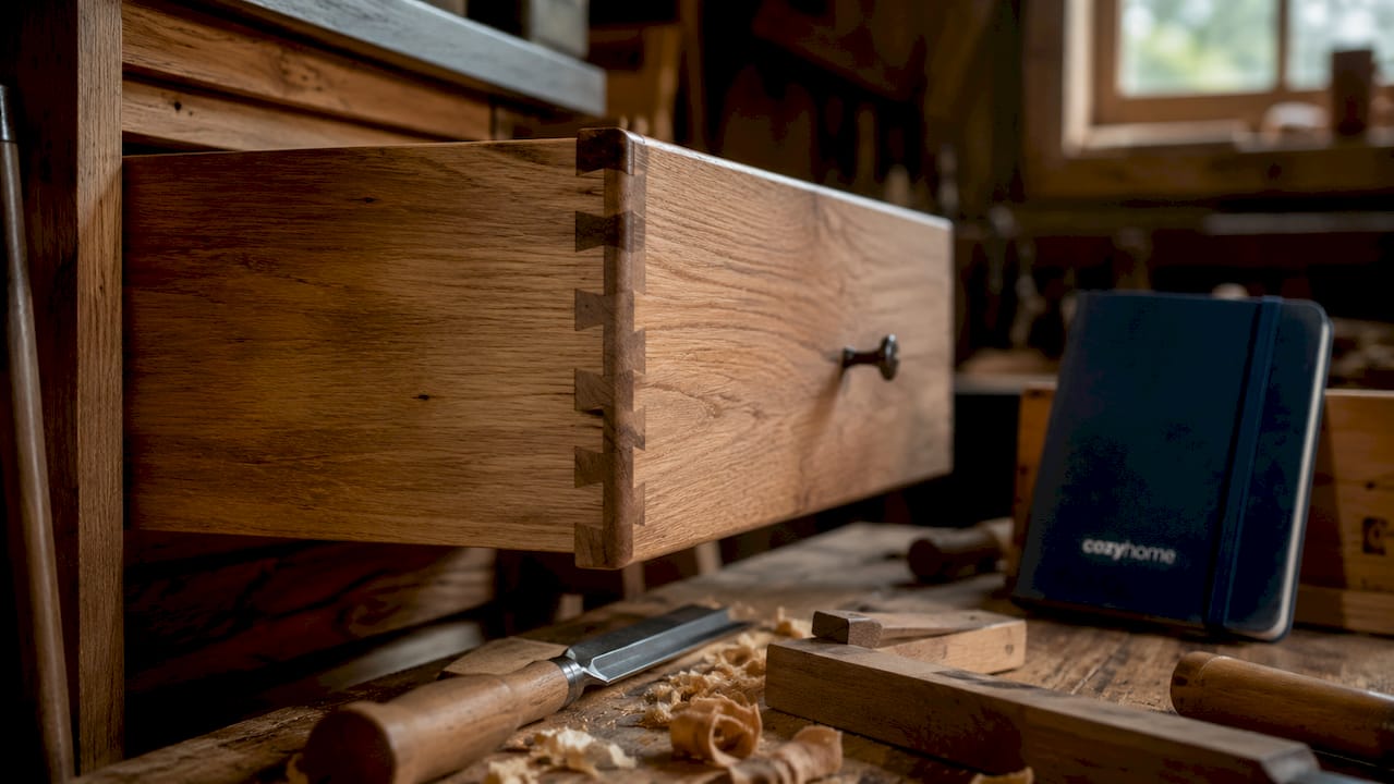 Close-up of handcrafted dovetail drawer joint
